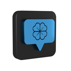 Blue Four leaf clover in speech bubble icon isolated on transparent background. Happy Saint Patrick day. Black square button.