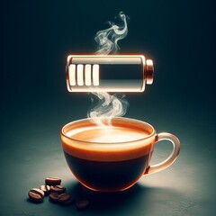 hot coffee with a faint steam. An image of the battery status bar almost full. floating on top.Concept of coffee to recharge your brain.