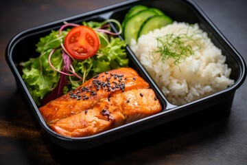 Lunch box container with grilled salmon fish fillet, rice, tomato and salad on wooden table