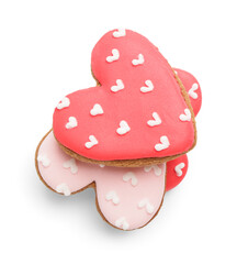 Different tasty heart shaped cookies on white background