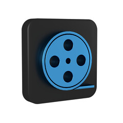 Fototapeta premium Blue Film reel icon isolated on transparent background. Black square button.