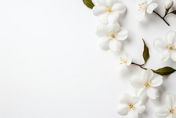 White Flowers With Green Leaves on a White Background