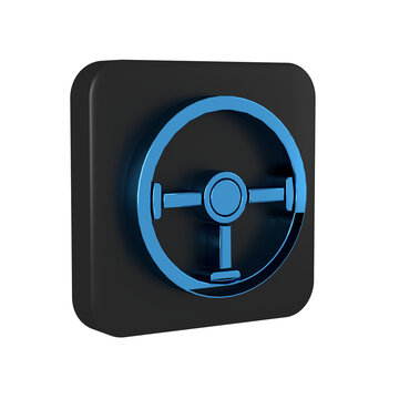 Blue Steering wheel icon isolated on transparent background. Car wheel icon. Black square button.