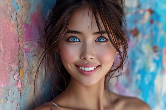 A young beautiful woman with piercing blue eyes and a slightly Asian face in multicolored paint near a brightly painted wall.