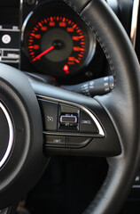 View Of Defocused Speedometer With Red Backlight Through Steering Wheel With Speed Control Buttons...