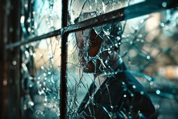 The reflection of a businessman in a broken office window, symbolizing internal turmoil, confusion, troubles in business and shattered expectations, as seen behind a cracked glass.