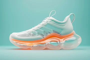 Stof per meter Unusual sneaker, futuristic design, translucent rubber material in white and orange color on blue green background. © photolas