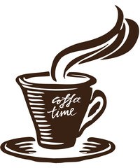 Cup of coffee on a saucer, white background with the inscription 