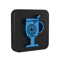 Blue Mulled wine with glass of drink and ingredients icon isolated on transparent background. Cinnamon stick, clove, lemon slice. Black square button.