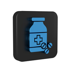 Obraz premium Blue Medicine bottle and pills icon isolated on transparent background. Bottle pill sign. Pharmacy design. Black square button.