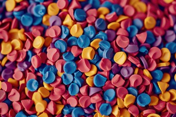 Fototapeta na wymiar Multicolored polymer shredded granules made from recycled plastic.
