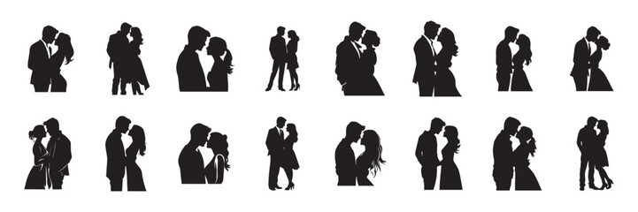 Romantic couple in various poses silhouettes collection set. Couple falling in love different poses isolated on white background silhouette set. Vector illustration.
