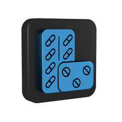 Blue Pills in blister pack icon isolated on transparent background. Medical drug package for tablet, vitamin, antibiotic, aspirin. Black square button.