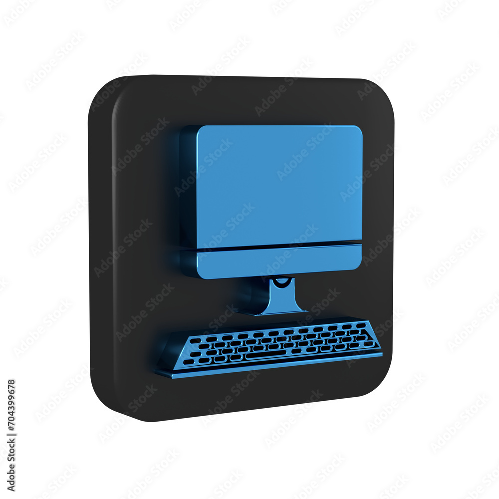 Poster blue computer monitor with keyboard icon isolated on transparent background. pc component sign. blac