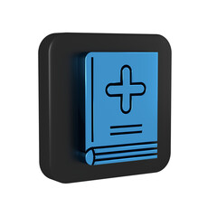 Blue Medical book icon isolated on transparent background. Black square button.