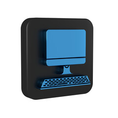 Blue Computer monitor with keyboard icon isolated on transparent background. PC component sign. Black square button.