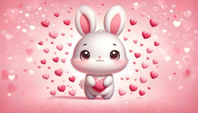 Valentine's Day Soft Pink Gradient Background and a Cute Adorable Bunny