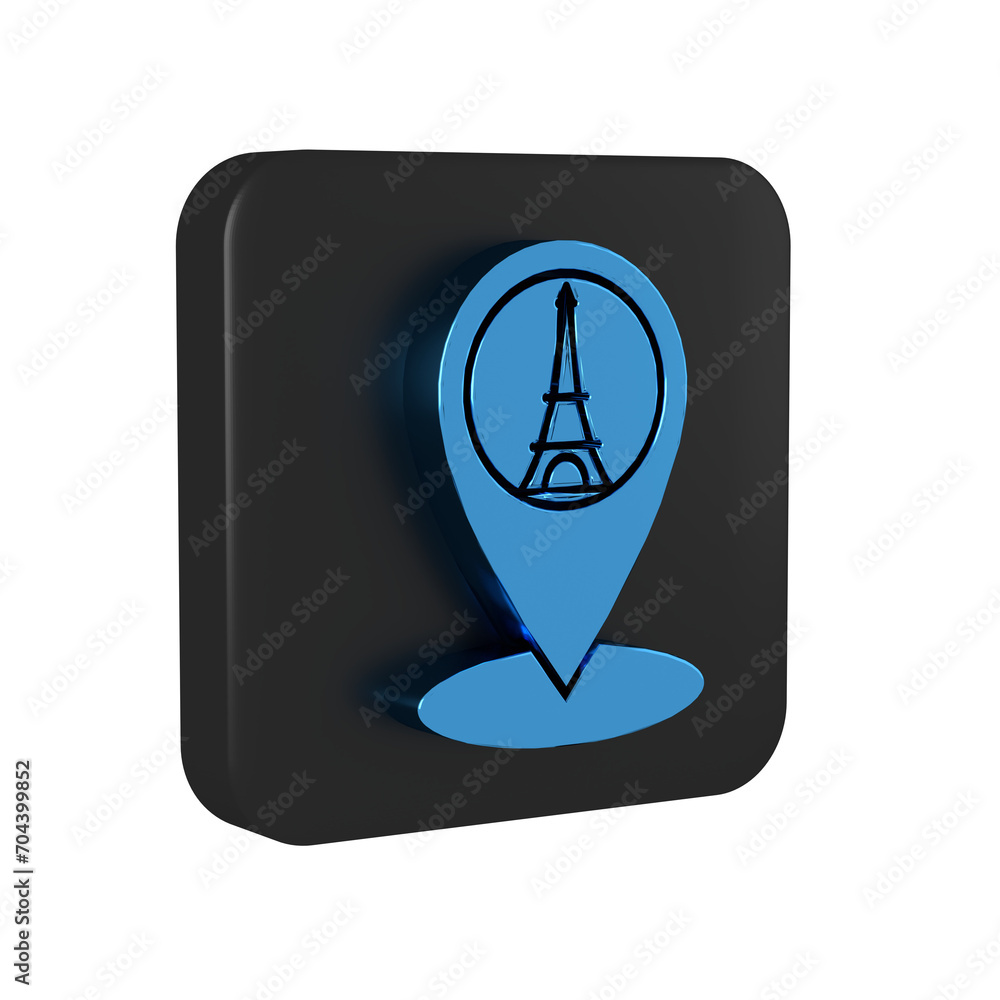 Wall mural Blue Map pointer with Eiffel tower icon isolated on transparent background. France Paris landmark symbol. Black square button.