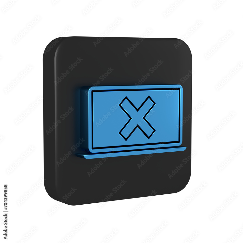 Poster blue laptop and cross mark on screen icon isolated on transparent background. error window, exit but