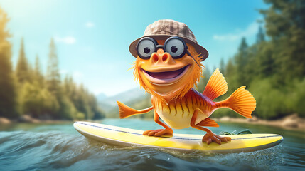 View of a Funny Riding Fish on a Surfboard in Nature's Beautiful River