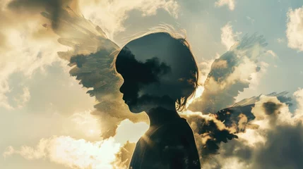 Fotobehang silhouette  of Child with wings in double exposure of clouds  © cristian