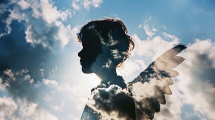 silhouette  of Child with wings in double exposure of clouds
