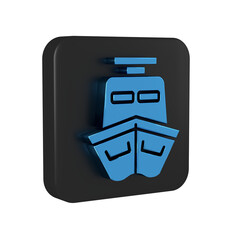 Blue Ship icon isolated on transparent background. Black square button.