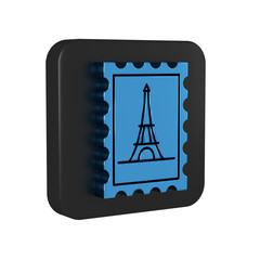 Blue Postal stamp and Eiffel tower icon isolated on transparent background. Black square button.