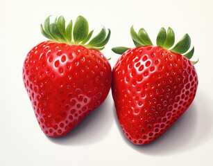 Two Strawberries With Green Leaves on a White Background
