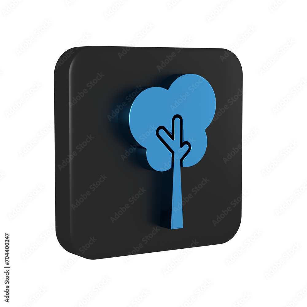 Poster blue tree icon isolated on transparent background. forest symbol. black square button.