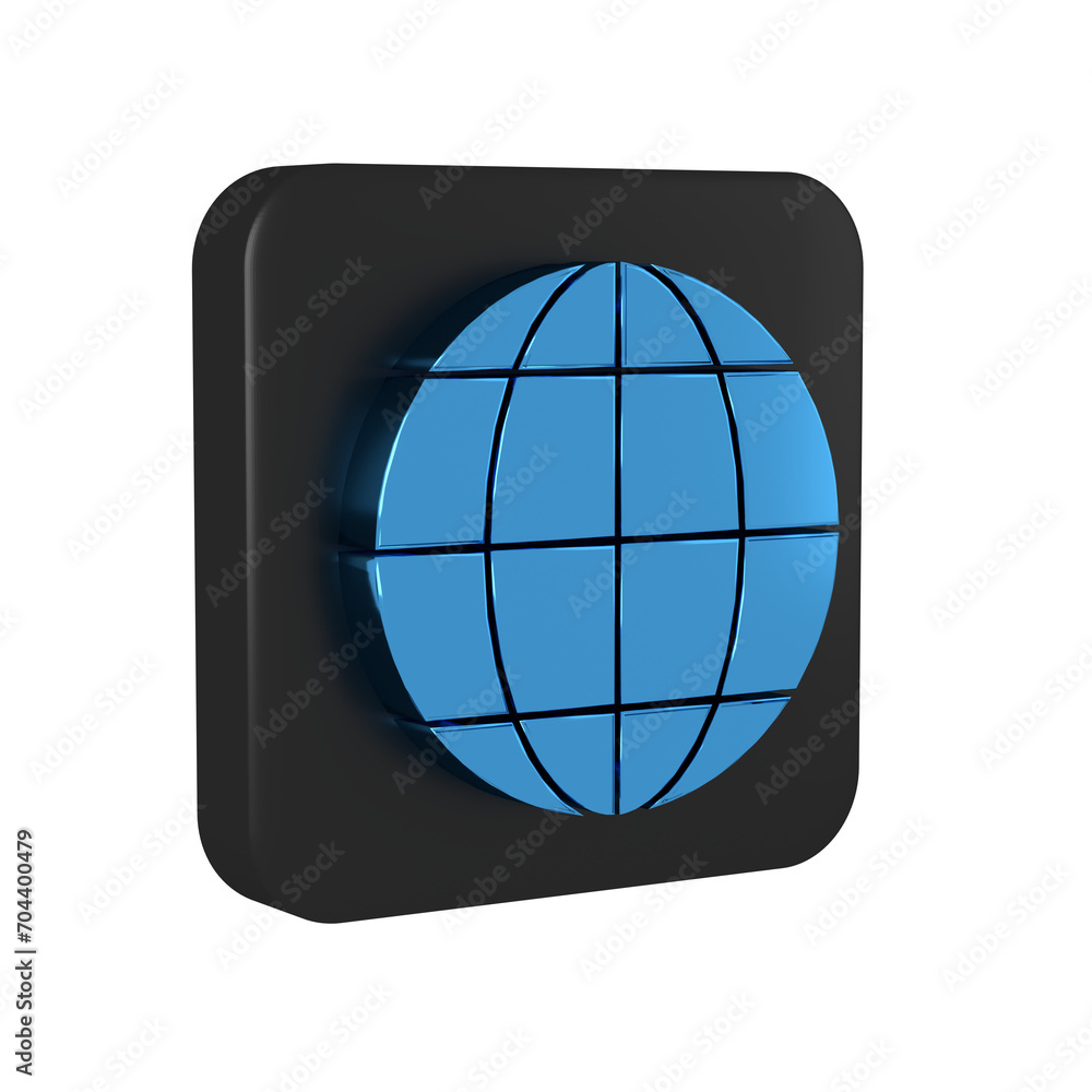 Sticker Blue Earth globe icon isolated on transparent background. World or Earth sign. Global internet symbol. Geometric shapes. Black square button.