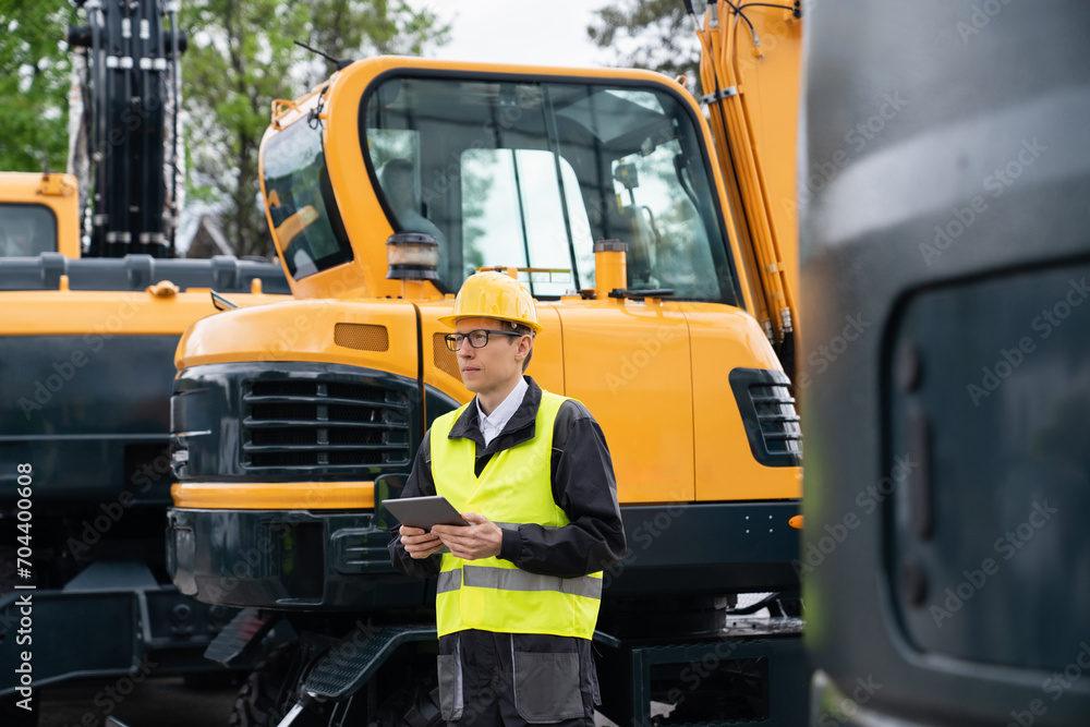 Aufkleber engineer in a helmet with a digital tablet stands next to construction excavators.
