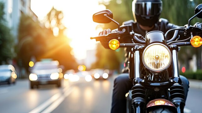 A motorcyclist on a bike overcomes urban challenges and obstacles, showcasing their skills and style. Excitement and energy of their urban ride, surrounded by bustling city streets.