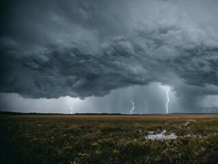Obraz premium threatening cloudy sky with flashes and lightning in the plains-