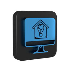 Blue Computer monitor with smart house and light bulb icon isolated on transparent background. Black square button.