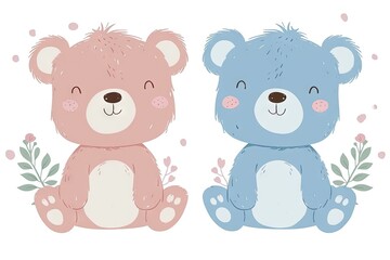 Very childish cute kawaii bear clipart, organic forms with desaturated light and airy pastel color palette. Great as nursery art with white background.