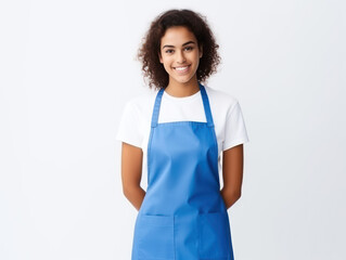Portrait of curly woman wearing blue apron on white wall