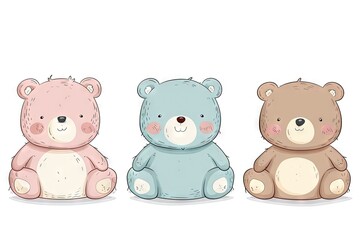 Very childish cute kawaii bear clipart, organic forms with desaturated light and airy pastel color palette. Great as nursery art with white background.