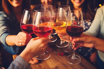 Cheerful friendly party, people celebrating, glasses of wine in hands while toasting