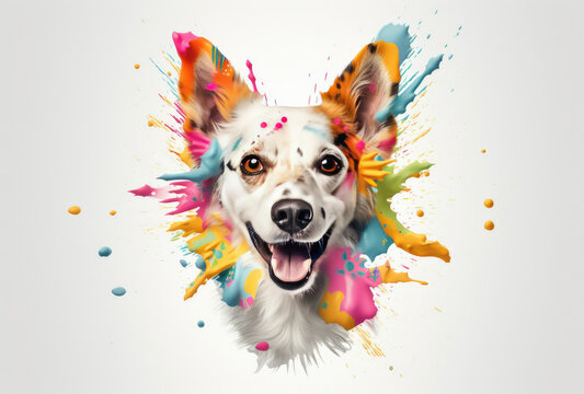 Colorful Paint Splatters on Face of Playful Dog © Piotr