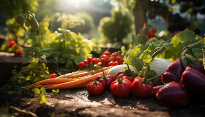fresh vegetables on a wooden table in the garden against a background of greenery.