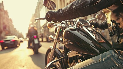 In the heart of the urban landscape, the motorcyclist rides with intensity, embodying the spirit of urban exploration and adventure. Cropped photo. - obrazy, fototapety, plakaty