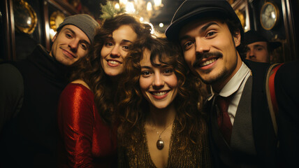 Vintage-Style New Year's Celebration: Group Party Photo with Retro Aesthetic - AI Generated