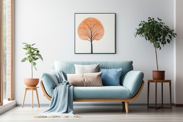 Blue couch with round orange tree art