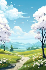 Obraz premium Blooming orchard and green field on a sunny day.