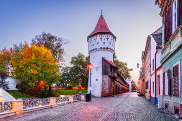 Sibiu, Romania. Medieval Carpenters Tower, Transylvania beautiful cities.