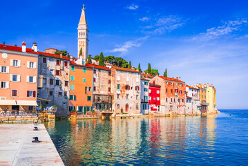 Rovinj, Croatia. Old town harbor, sunny day with blue sky. Adriatic Sea, Istria Peninsula. - obrazy, fototapety, plakaty