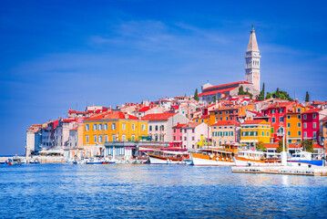 Rovinj - Istria Peninsula, Croatia. Old town harbor, sunny day with blue sky.