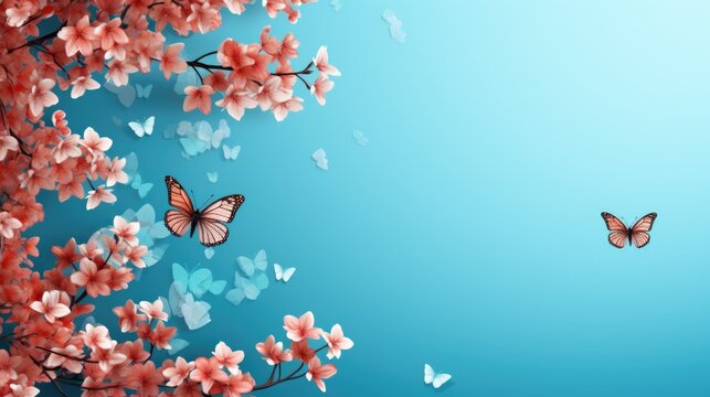 Flowering branches on a blue background and butterfly. Spring concept.