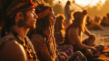 a group meditation session amidst a rave, individuals adorned in hippie clothing and rasta...